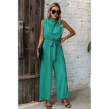 Solid Sleeveless Cut Out Back Belted Jumpsuit - MVTFASHION.COM