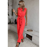 Solid Sleeveless Cut Out Back Belted Jumpsuit - MVTFASHION.COM