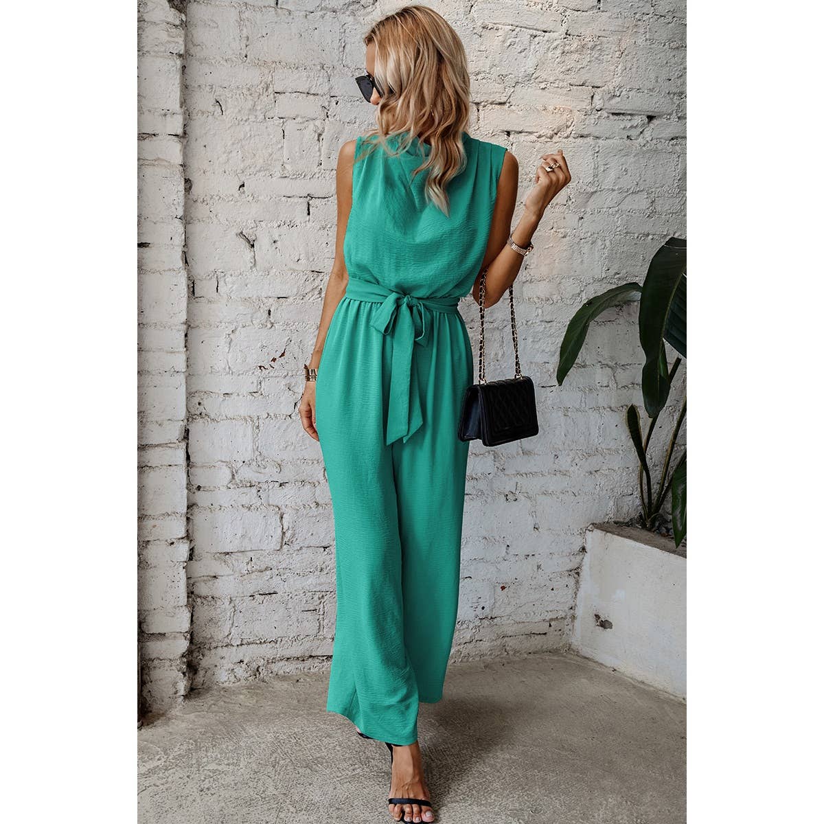Solid Sleeveless Cut Out Back Belted Jumpsuit - MVTFASHION.COM