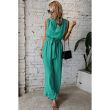 Solid Sleeveless Cut Out Back Belted Jumpsuit - MVTFASHION.COM