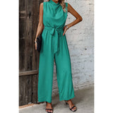 Solid Sleeveless Cut Out Back Belted Jumpsuit - MVTFASHION.COM