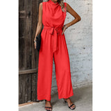 Solid Sleeveless Cut Out Back Belted Jumpsuit - MVTFASHION.COM