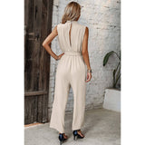 Solid Sleeveless Cut Out Back Belted Jumpsuit - MVTFASHION.COM
