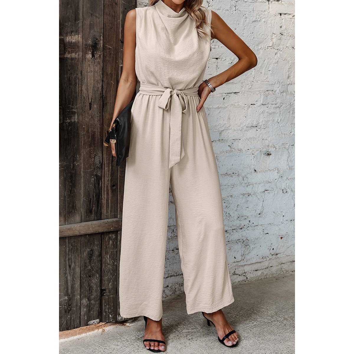 Solid Sleeveless Cut Out Back Belted Jumpsuit - MVTFASHION.COM
