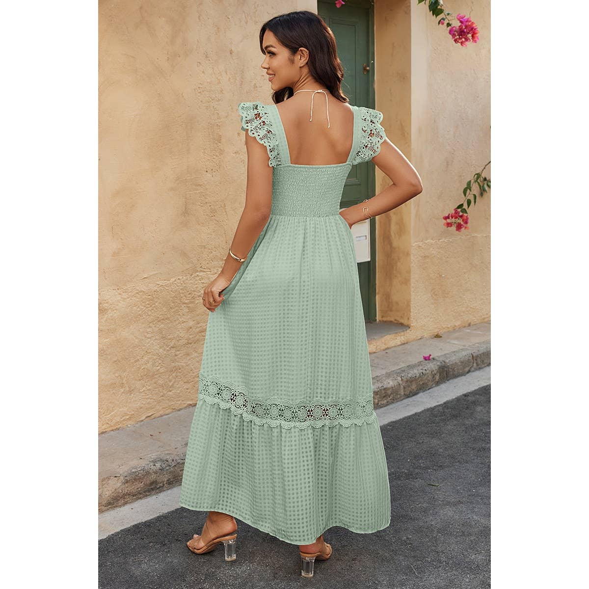 Solid Sleeveless Lace Patchwork Textured Dress - MVTFASHION.COM