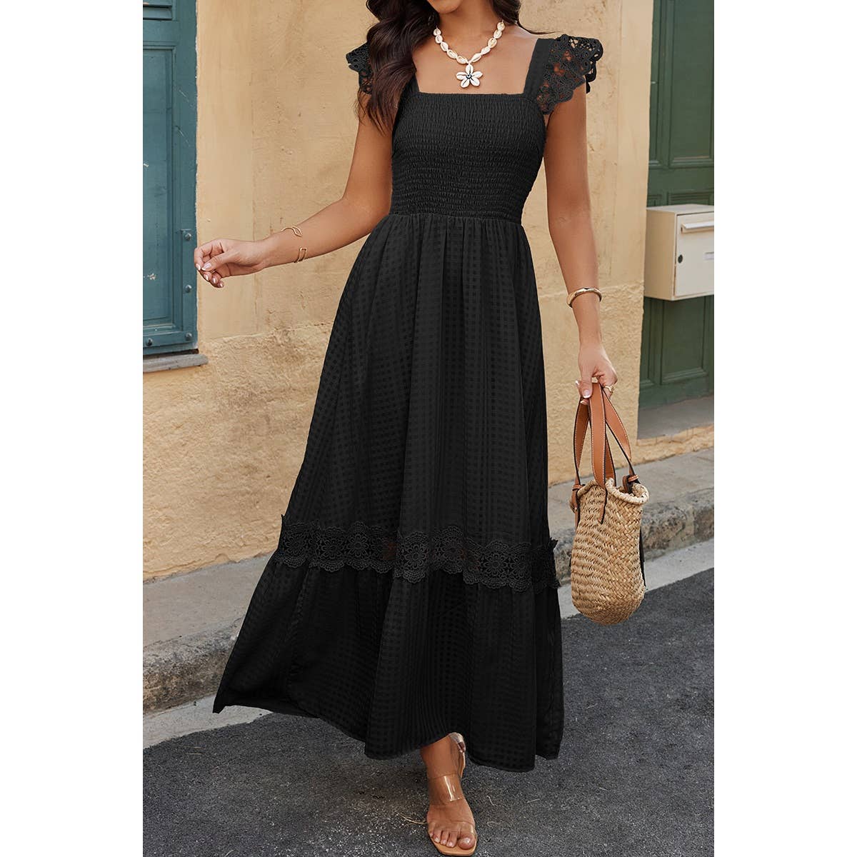 Solid Sleeveless Lace Patchwork Textured Dress - MVTFASHION.COM