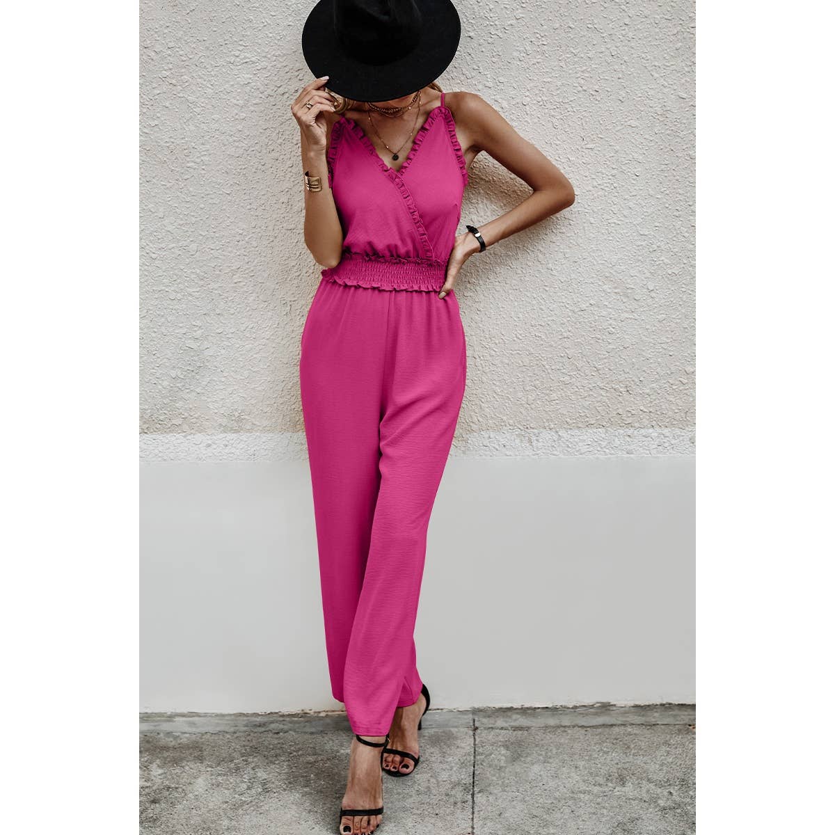 Solid Sleeveless V Neck Self Belt High Waist Jumpsuit - MVTFASHION.COM