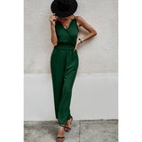 Solid Sleeveless V Neck Self Belt High Waist Jumpsuit - MVTFASHION.COM