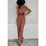 Solid Sleeveless V Neck Self Belt High Waist Jumpsuit - MVTFASHION.COM