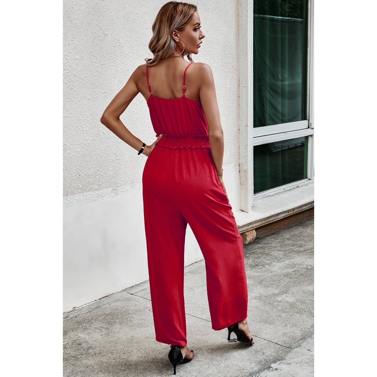 Solid Sleeveless V Neck Self Belt High Waist Jumpsuit - MVTFASHION.COM