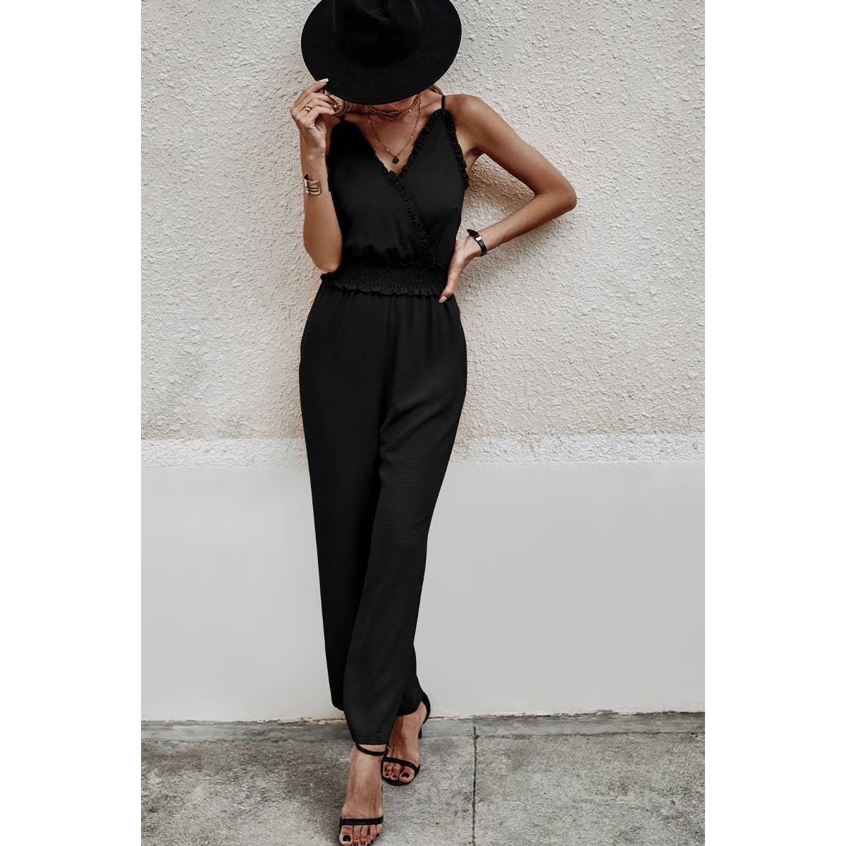 Solid Sleeveless V Neck Self Belt High Waist Jumpsuit - MVTFASHION.COM