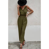 Solid Sleeveless V Neck Self Belt High Waist Jumpsuit - MVTFASHION.COM