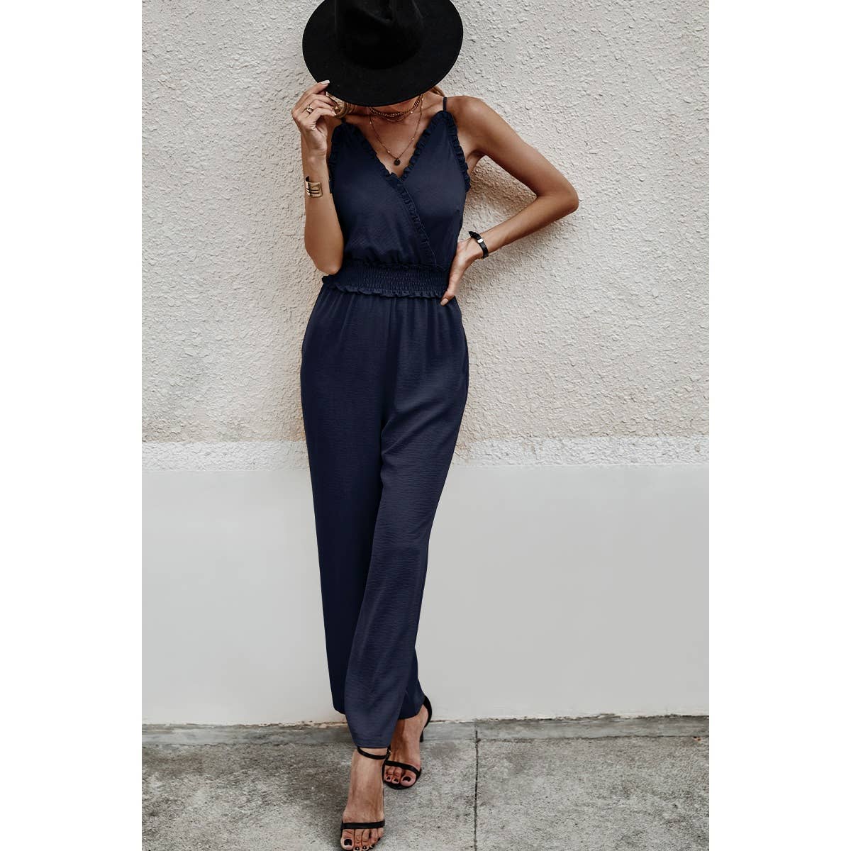 Solid Sleeveless V Neck Self Belt High Waist Jumpsuit - MVTFASHION.COM