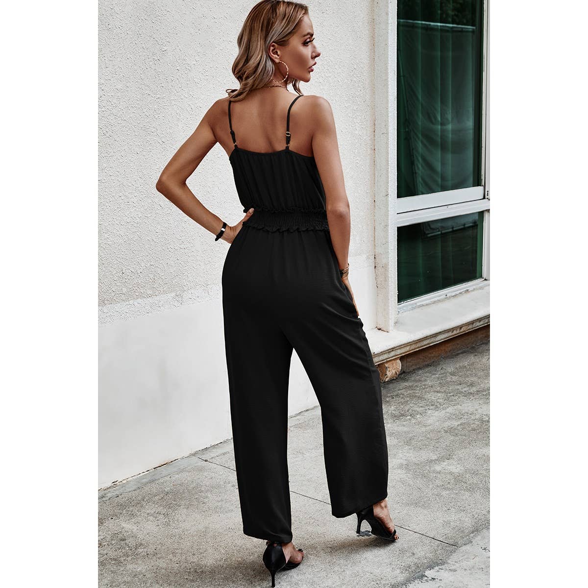 Solid Sleeveless V Neck Self Belt High Waist Jumpsuit - MVTFASHION.COM