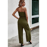 Solid Sleeveless V Neck Self Belt High Waist Jumpsuit - MVTFASHION.COM