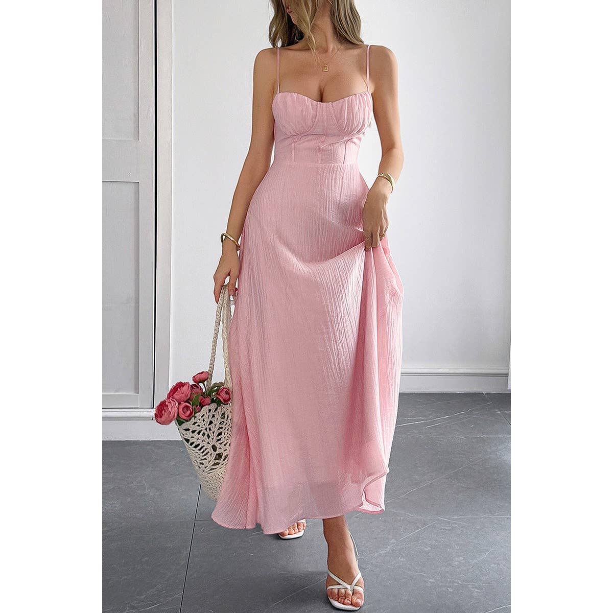 Solid Spaghetti Straps Sleeveless Cami Dress - MVTFASHION.COM