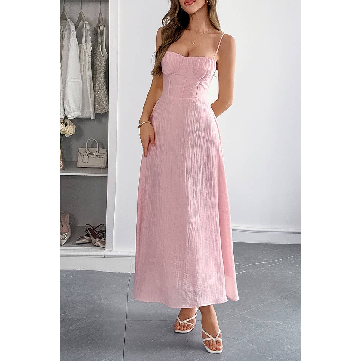 Solid Spaghetti Straps Sleeveless Cami Dress - MVTFASHION.COM