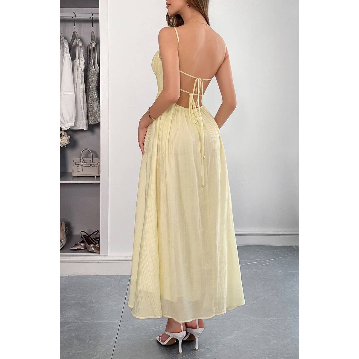 Solid Spaghetti Straps Sleeveless Cami Dress - MVTFASHION.COM