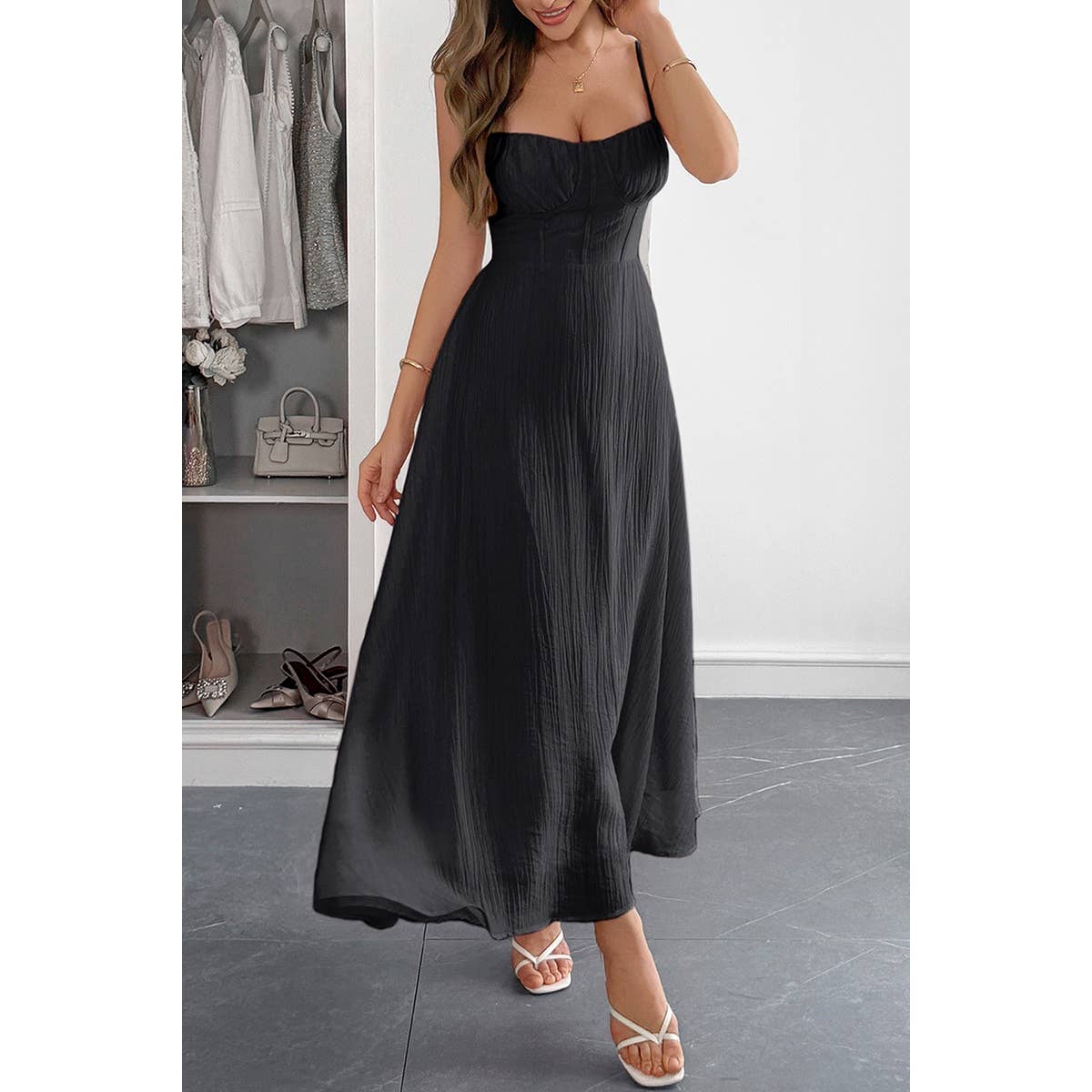 Solid Spaghetti Straps Sleeveless Cami Dress - MVTFASHION.COM