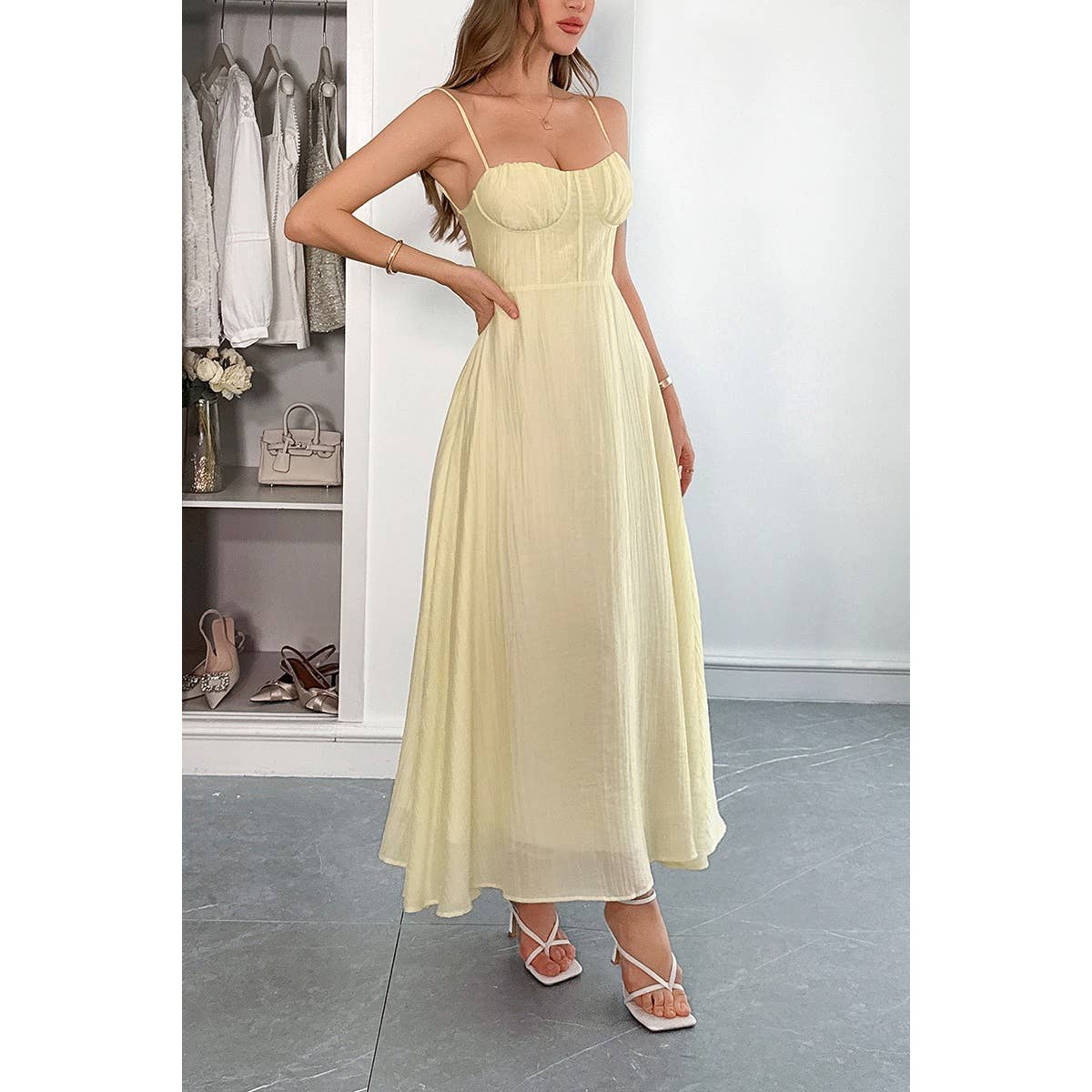 Solid Spaghetti Straps Sleeveless Cami Dress - MVTFASHION.COM