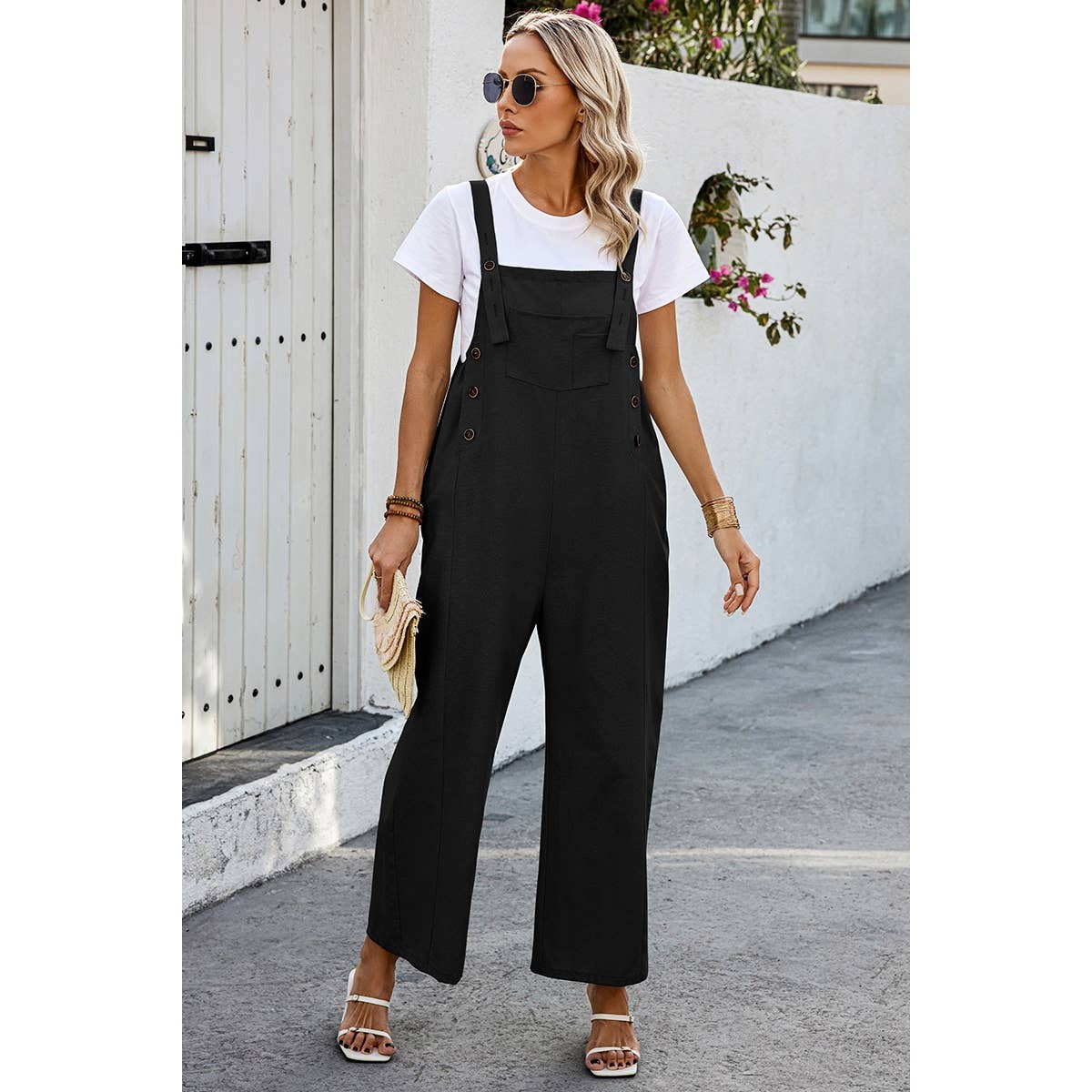 Solid Square Neck Button Trim Pockets Jumpsuit - MVTFASHION.COM