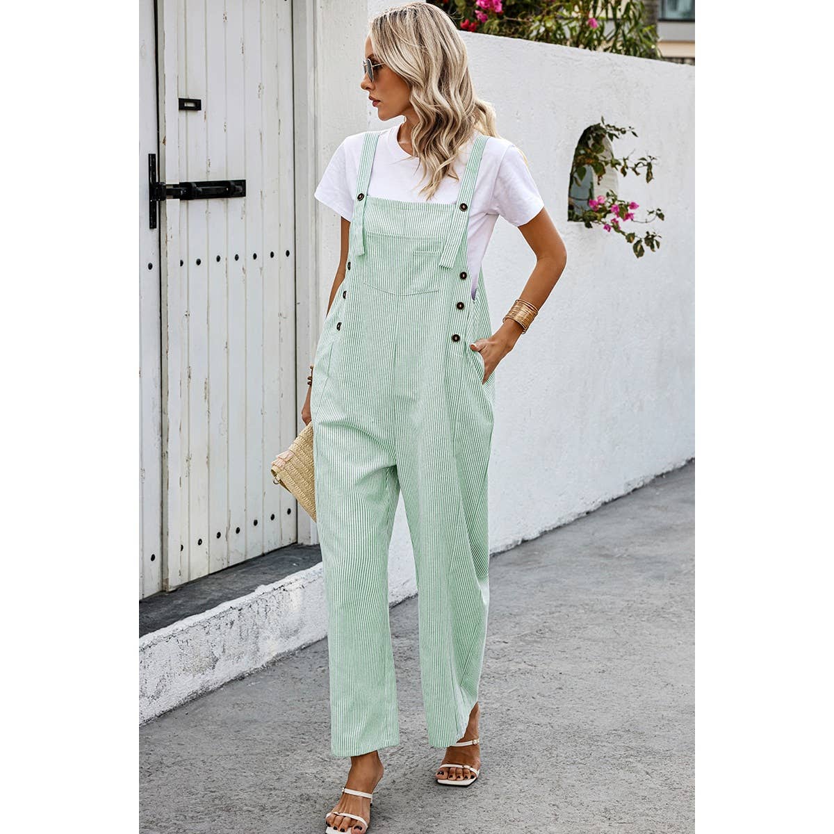 Solid Square Neck Button Trim Pockets Jumpsuit - MVTFASHION.COM