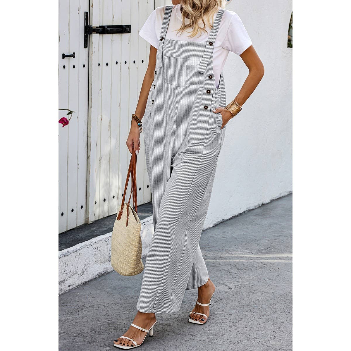 Solid Square Neck Button Trim Pockets Jumpsuit - MVTFASHION.COM