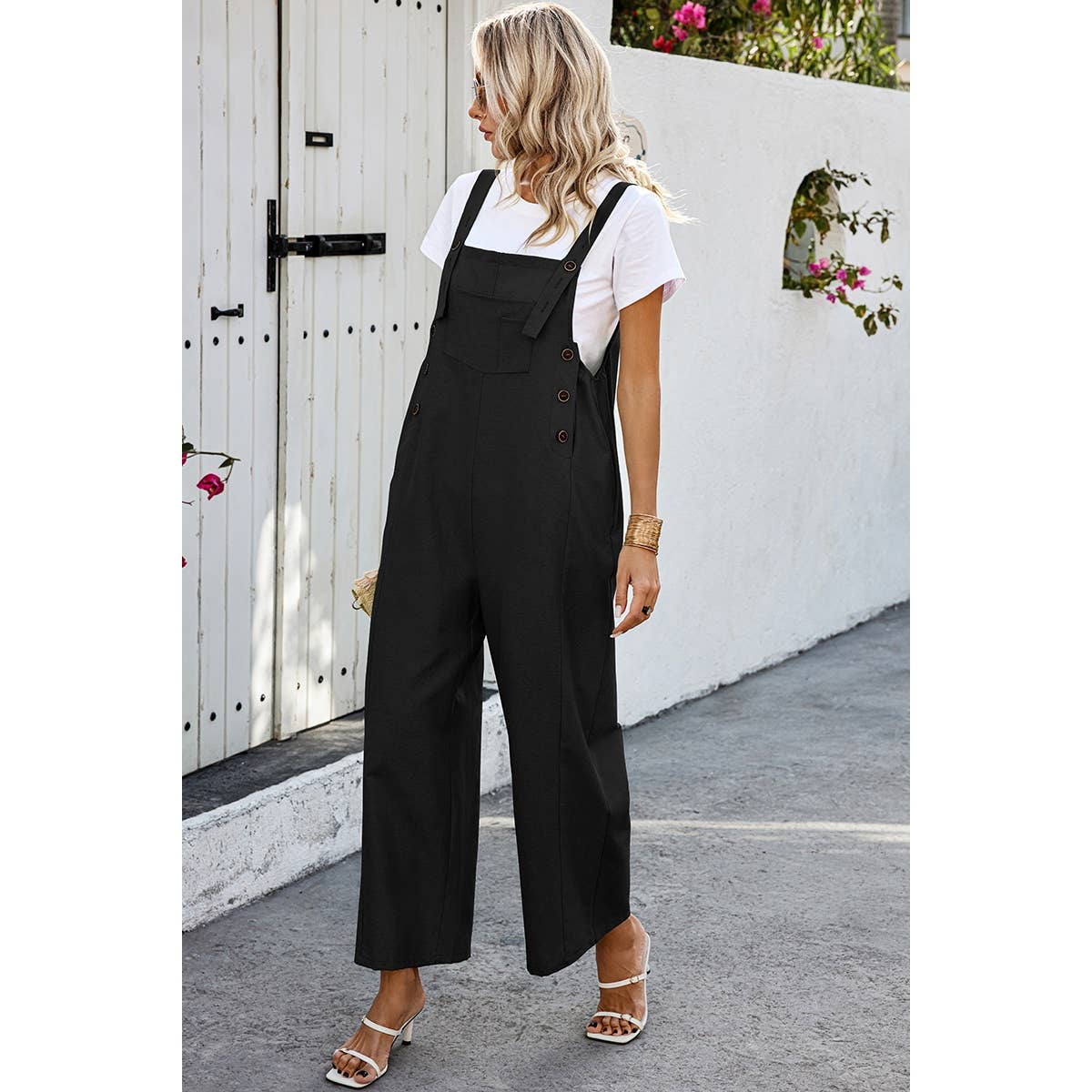 Solid Square Neck Button Trim Pockets Jumpsuit - MVTFASHION.COM