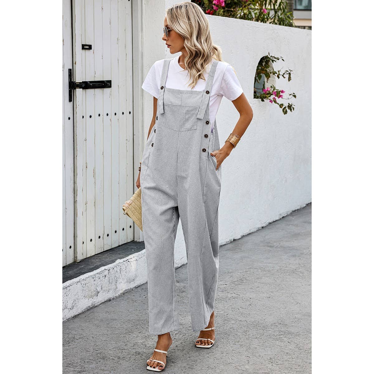 Solid Square Neck Button Trim Pockets Jumpsuit - MVTFASHION.COM