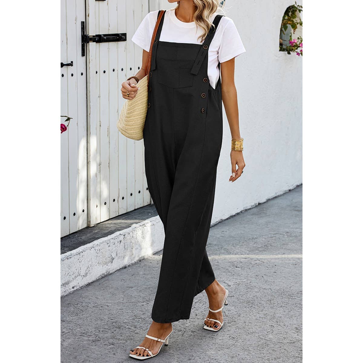 Solid Square Neck Button Trim Pockets Jumpsuit - MVTFASHION.COM