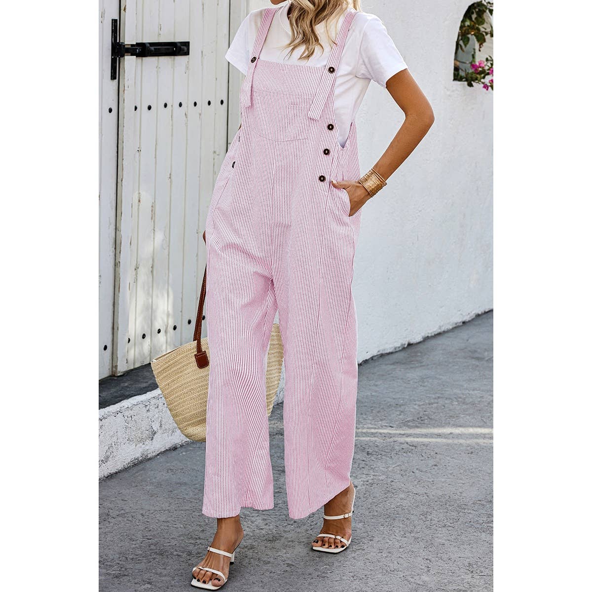 Solid Square Neck Button Trim Pockets Jumpsuit - MVTFASHION.COM