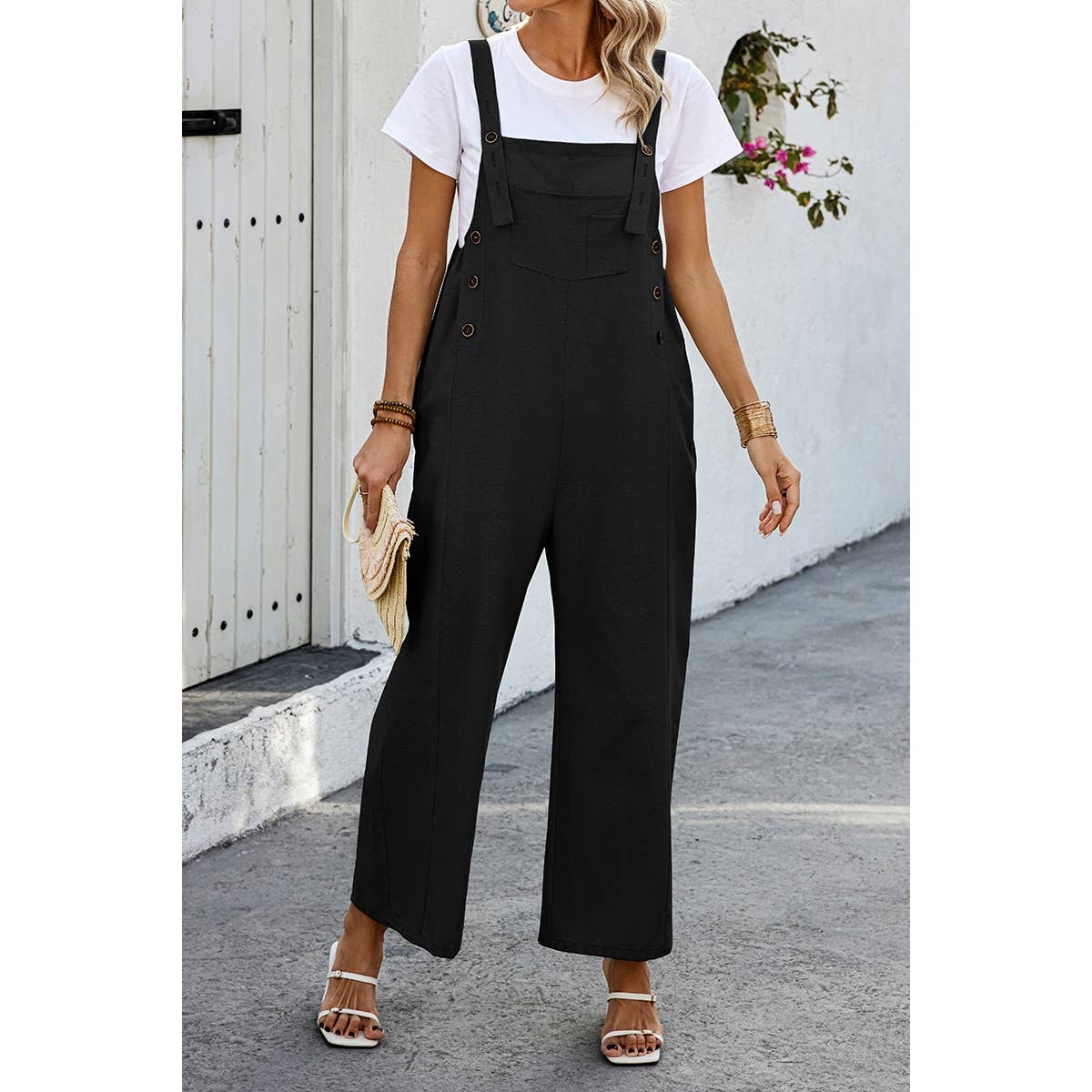 Solid Square Neck Button Trim Pockets Jumpsuit - MVTFASHION.COM