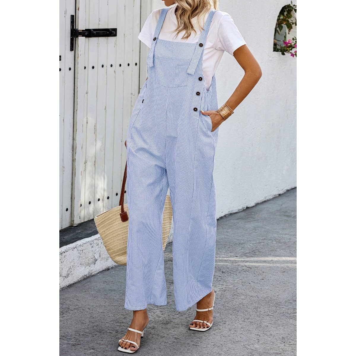 Solid Square Neck Button Trim Pockets Jumpsuit - MVTFASHION.COM