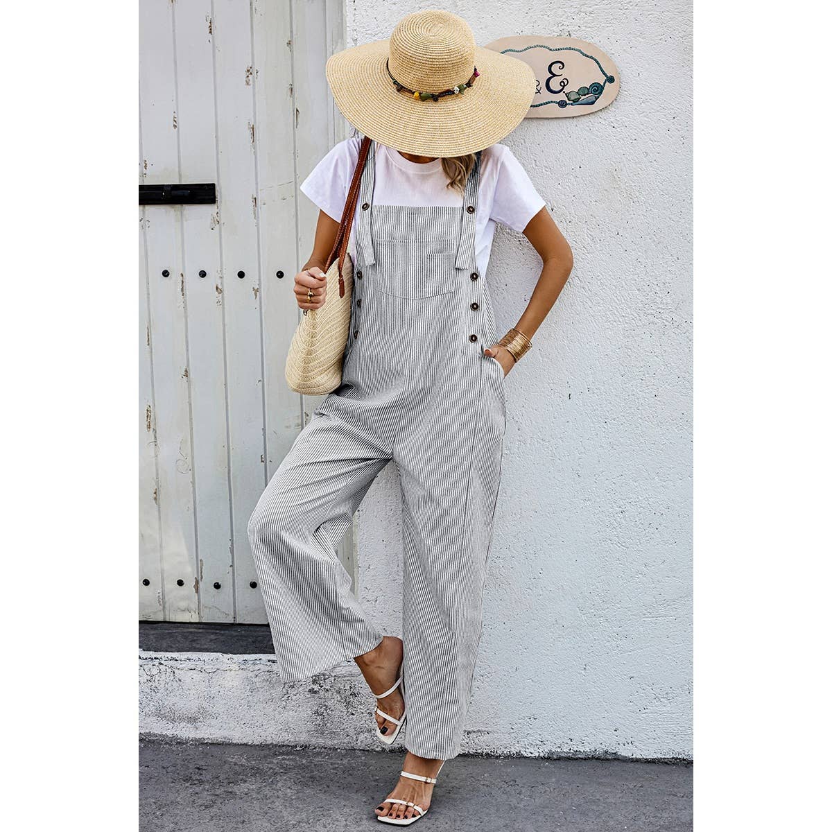 Solid Square Neck Button Trim Pockets Jumpsuit - MVTFASHION.COM