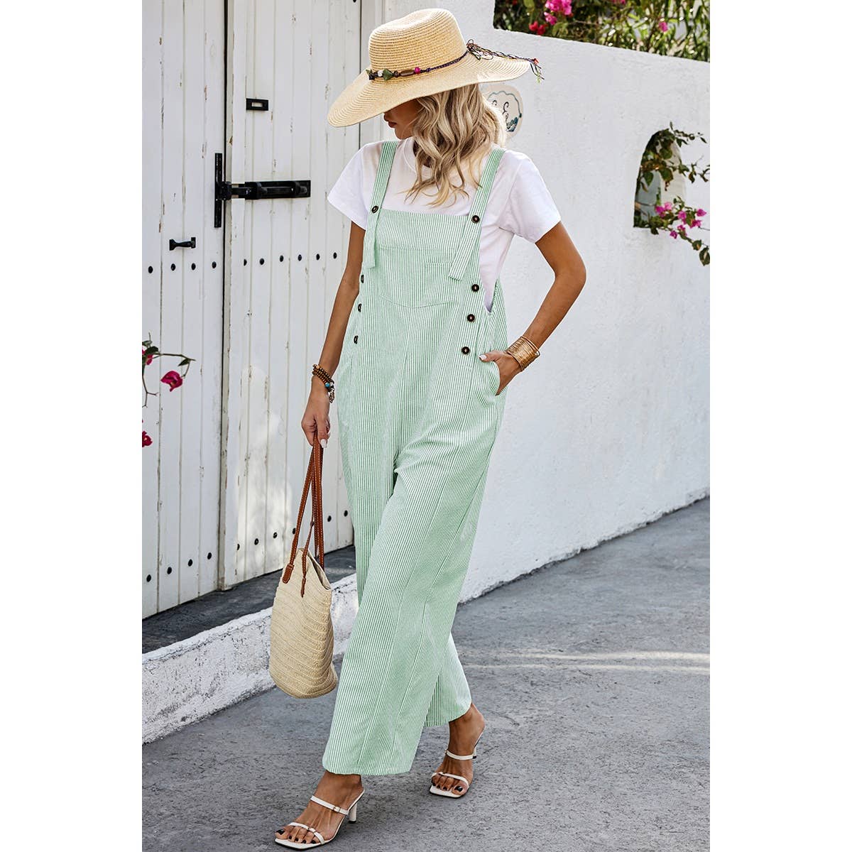 Solid Square Neck Button Trim Pockets Jumpsuit - MVTFASHION.COM