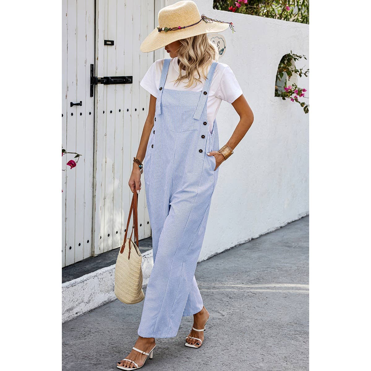 Solid Square Neck Button Trim Pockets Jumpsuit - MVTFASHION.COM