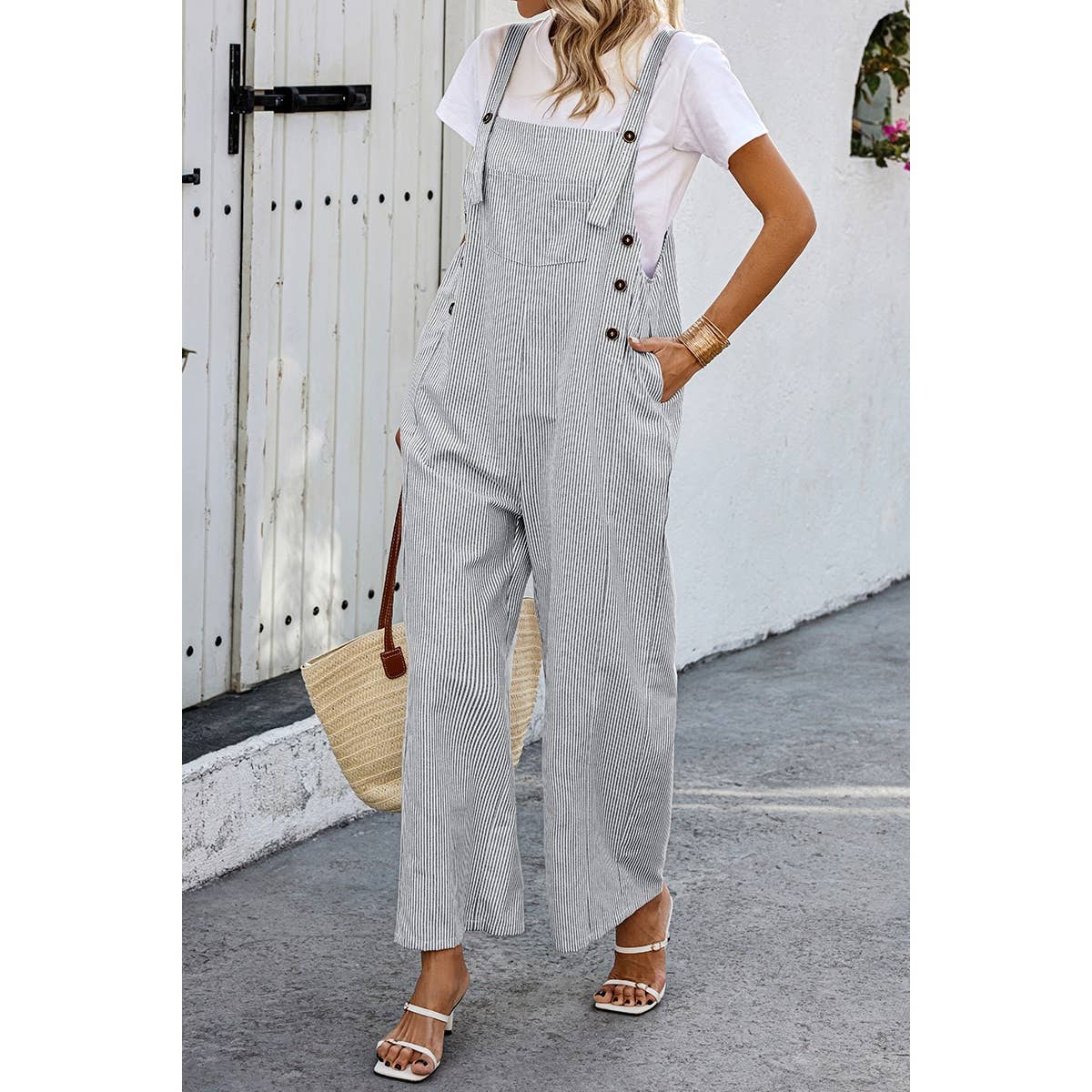 Solid Square Neck Button Trim Pockets Jumpsuit - MVTFASHION.COM