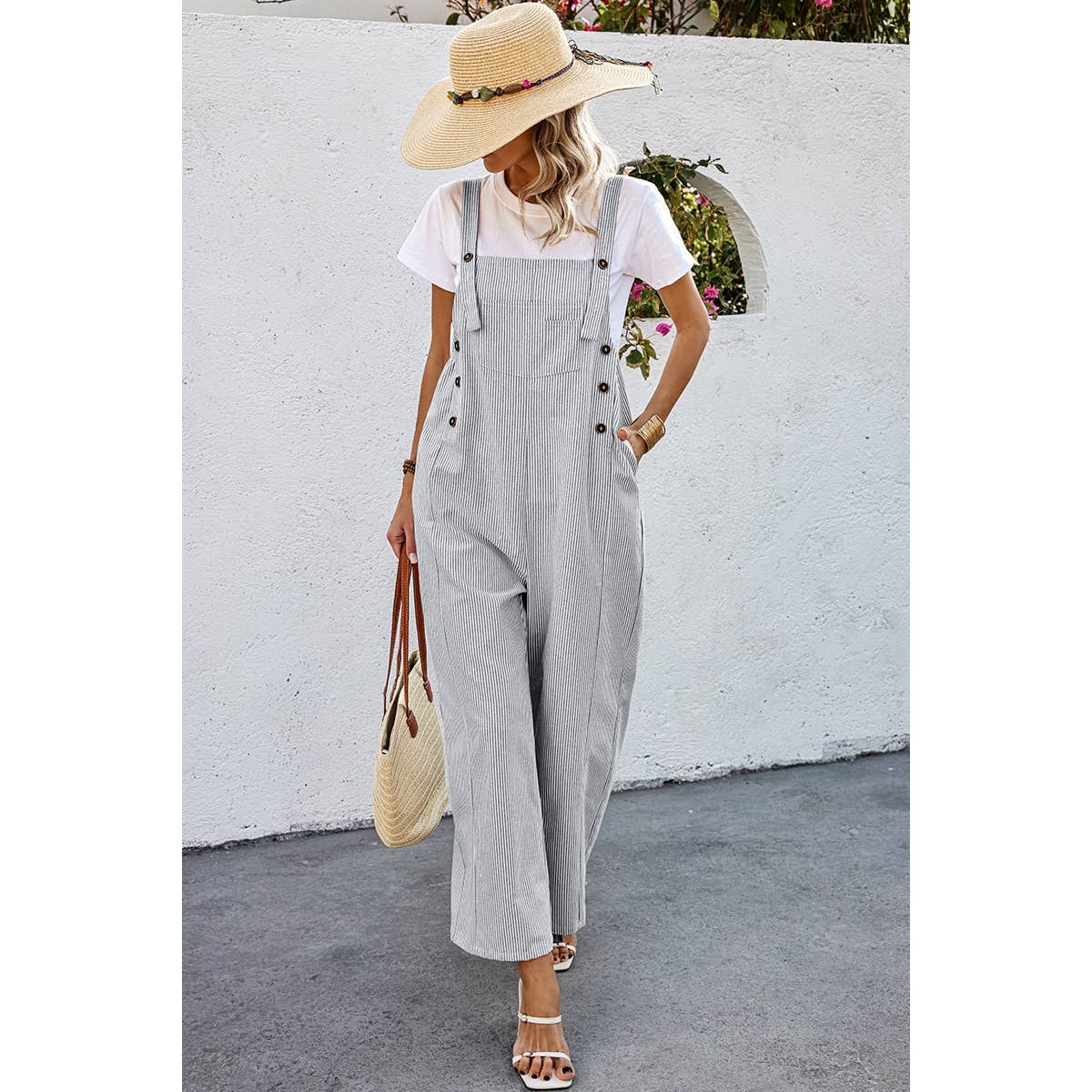 Solid Square Neck Button Trim Pockets Jumpsuit - MVTFASHION.COM