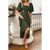 Solid Square Neck Cut Out Cross Ruffle Dress - MVTFASHION.COM