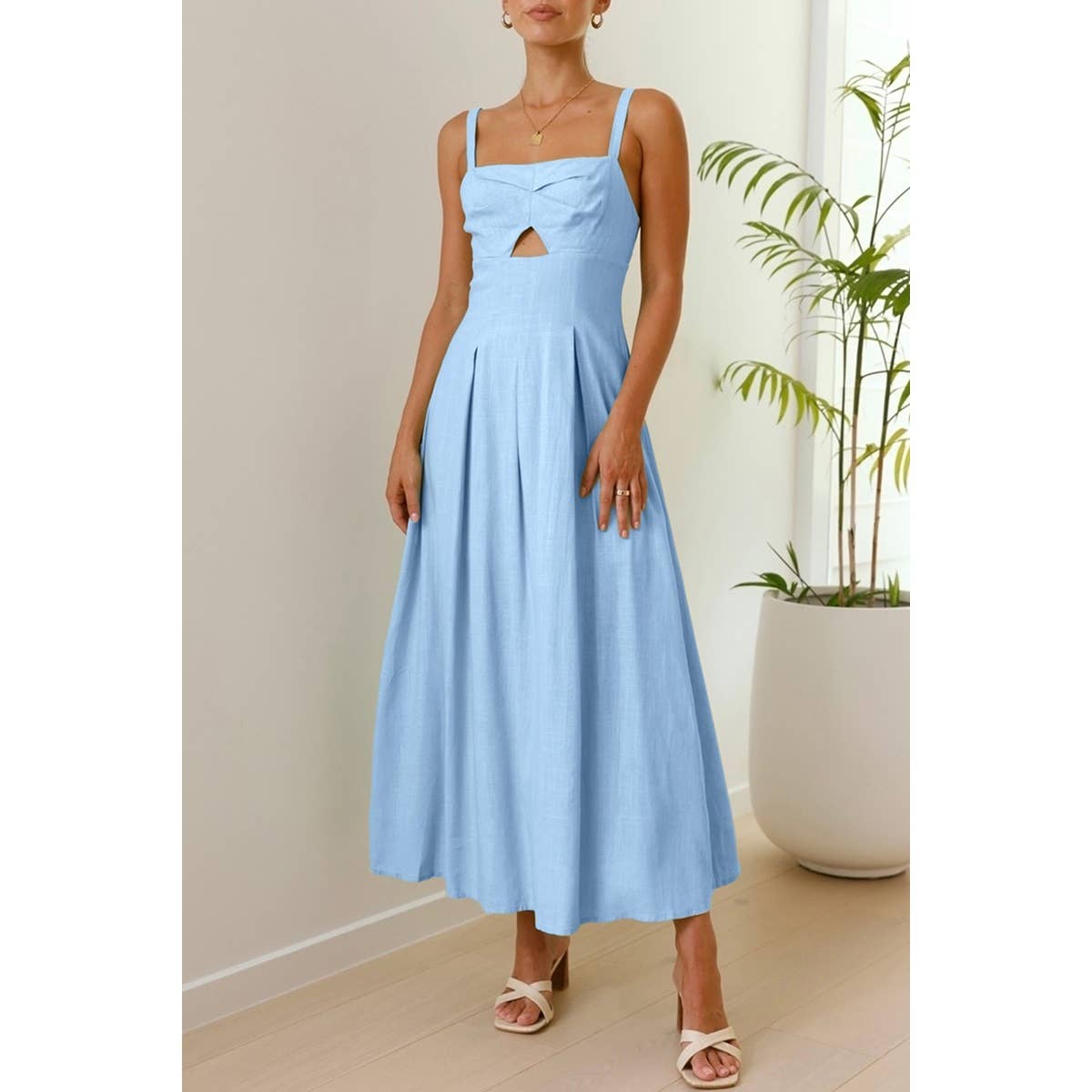 Solid Square Neck Cut Out Sleeveless Pleated Dress - MVTFASHION.COM