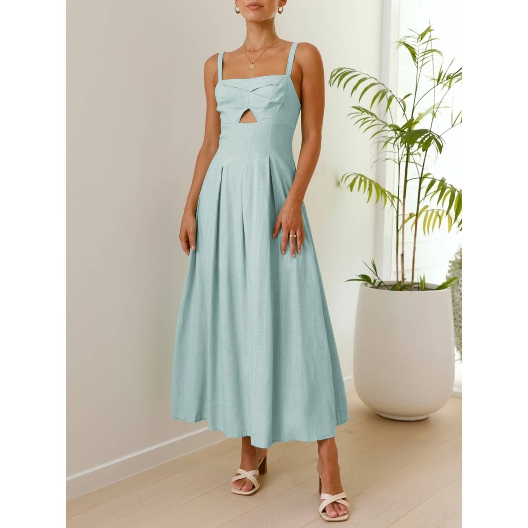 Solid Square Neck Cut Out Sleeveless Pleated Dress - MVTFASHION.COM