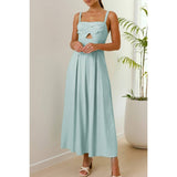 Solid Square Neck Cut Out Sleeveless Pleated Dress - MVTFASHION.COM