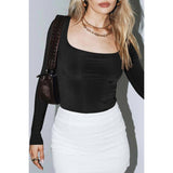 Solid Square Neck Elastic Fit Long Sleeves Top - MVTFASHION.COM