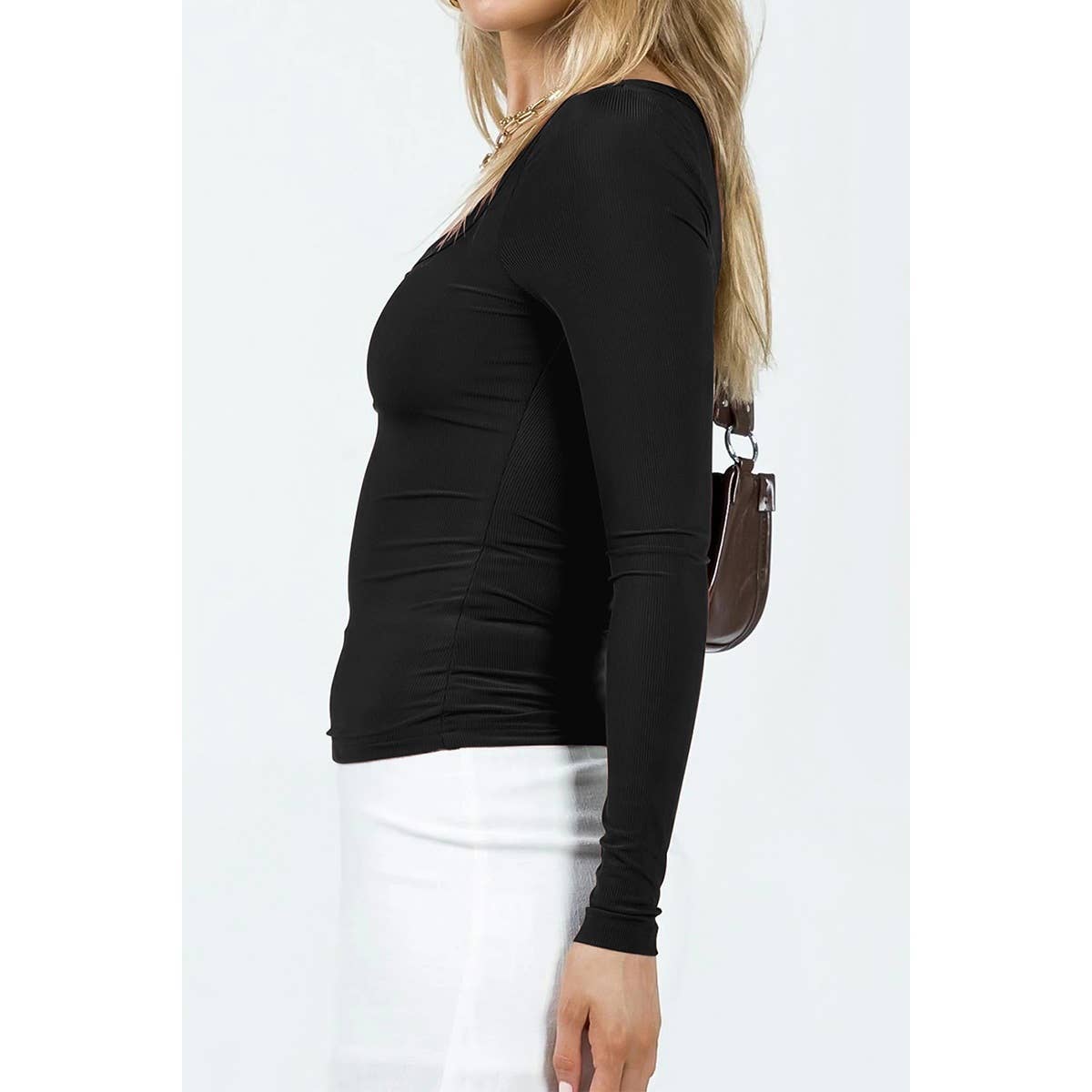 Solid Square Neck Elastic Fit Long Sleeves Top - MVTFASHION.COM