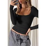 Solid Square Neck Elastic Fit Long Sleeves Top - MVTFASHION.COM
