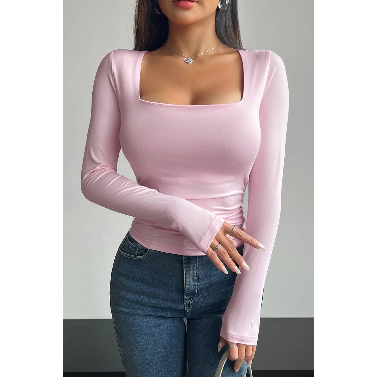 Solid Square Neck Elastic Long Sleeves Shirt - MVTFASHION.COM