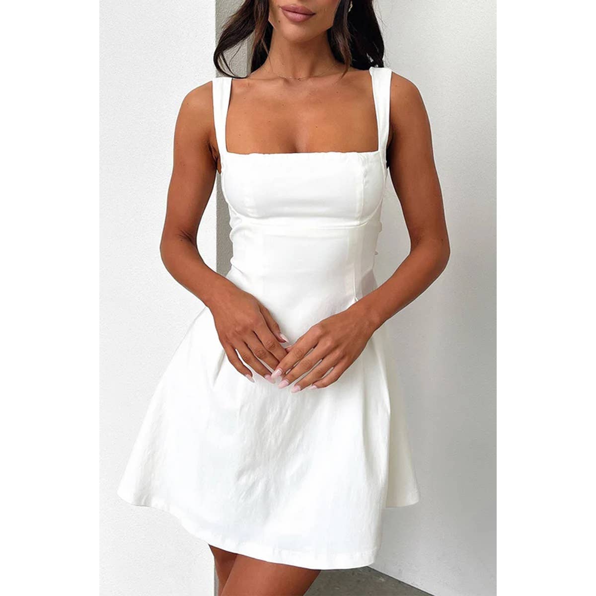 Solid Square Neck Fit Sleeveless Short Dress - MVTFASHION.COM