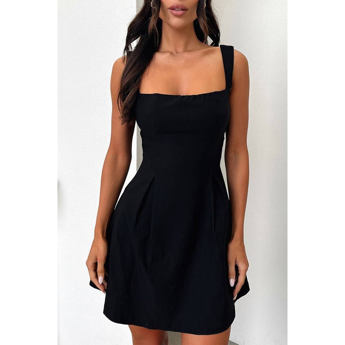 Solid Square Neck Fit Sleeveless Short Dress - MVTFASHION.COM