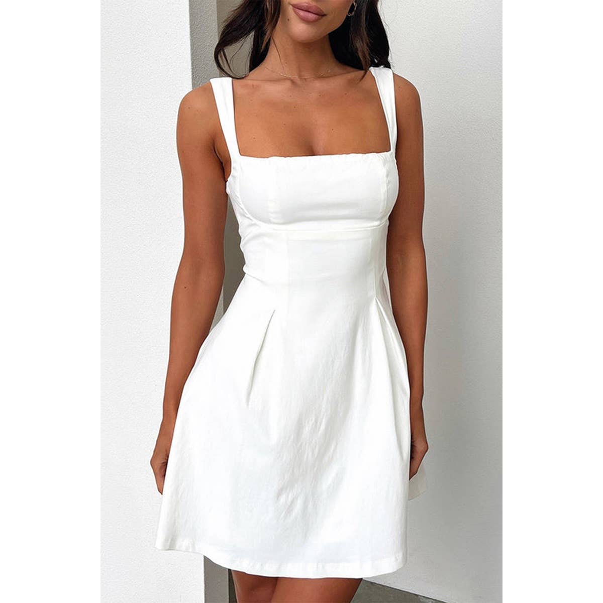 Solid Square Neck Fit Sleeveless Short Dress - MVTFASHION.COM