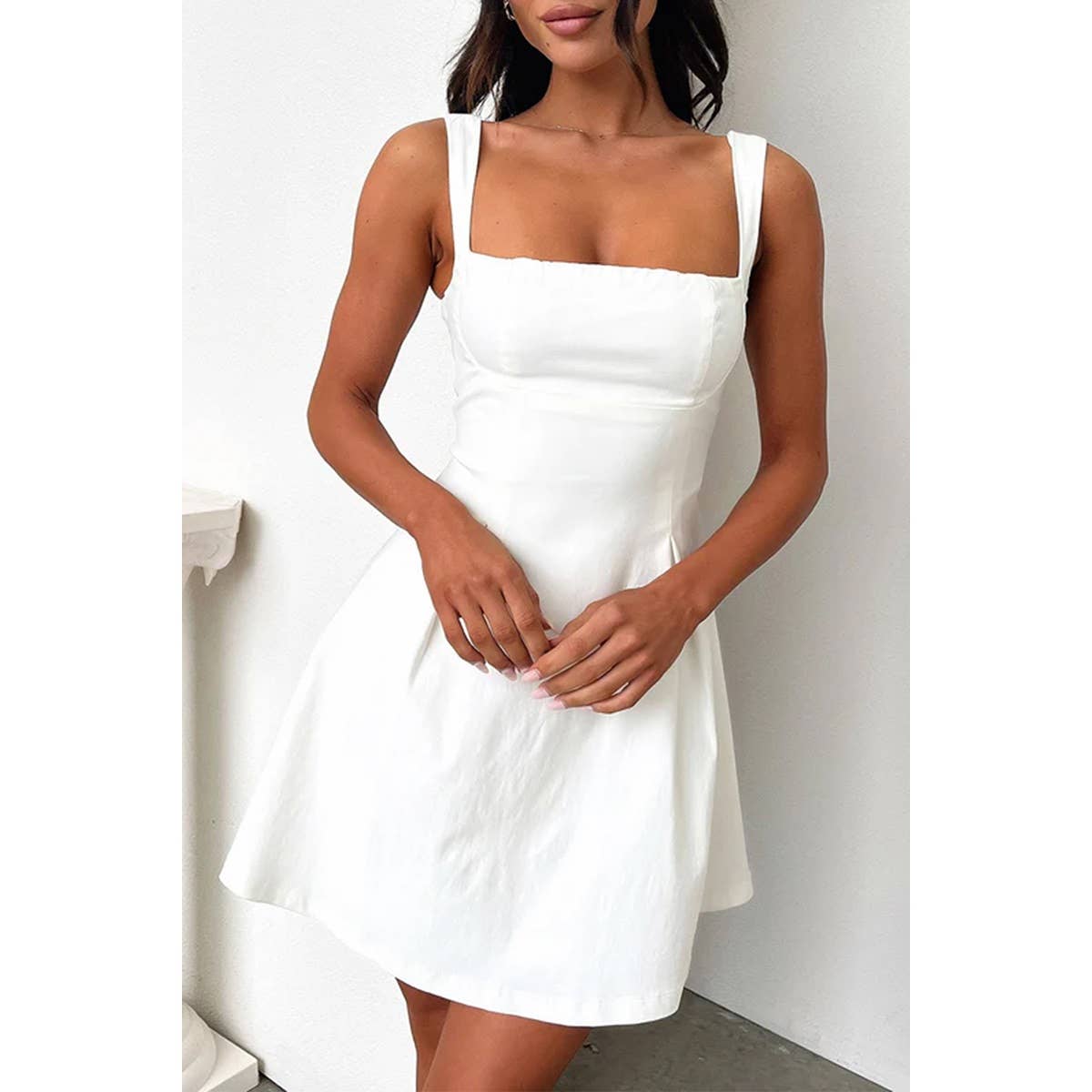 Solid Square Neck Fit Sleeveless Short Dress - MVTFASHION.COM